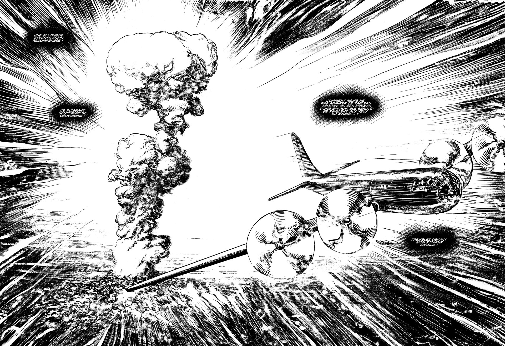 Une case de bande dessinée à l'encre noir sur papier blanc montrant une scène de guerre avec un avion et une grosse explosion.